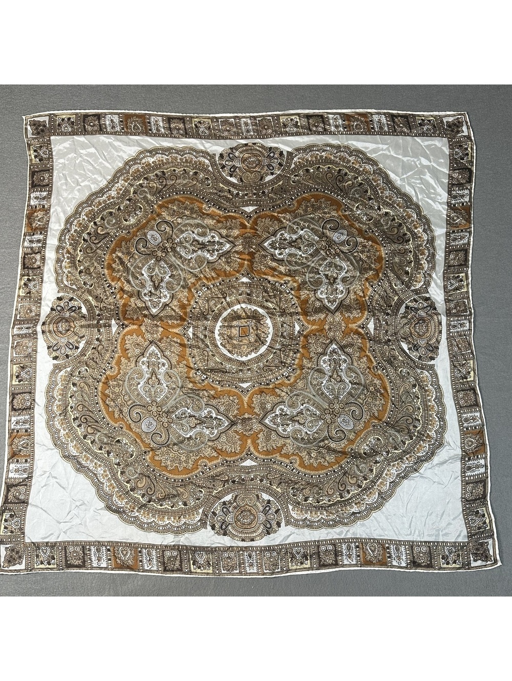 Vintage Square Mandala Pattern Silky Scarf in Cream and Brown